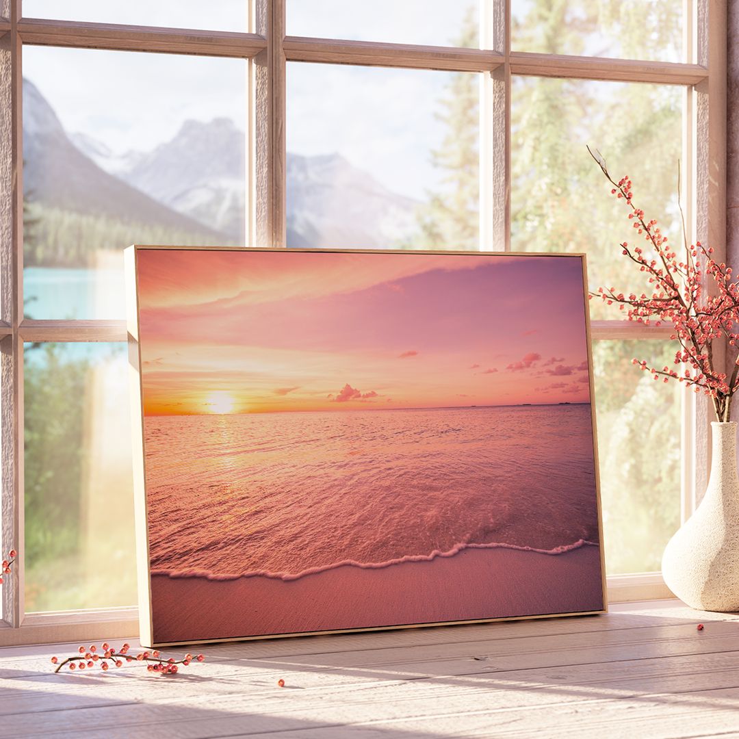 サンセットビーチ フレーム付きアートポスター(2枚セット) アートポスター サンセットビーチ ピンク 波 夕陽 海 インテリア