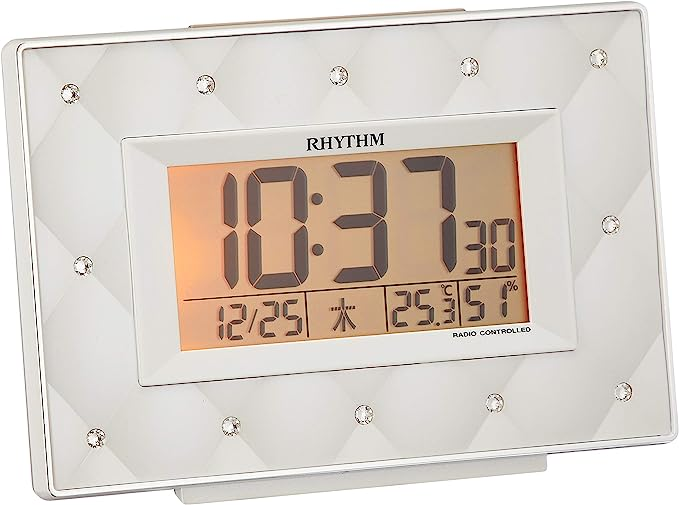 ベージュ リズム(RHYTHM) 目覚まし時計 電波時計 デジタル クリスタル 飾り ベージュ パール 9.9×13.9×5.1cm フィットウェーブアビスコ  8RZ167SR38