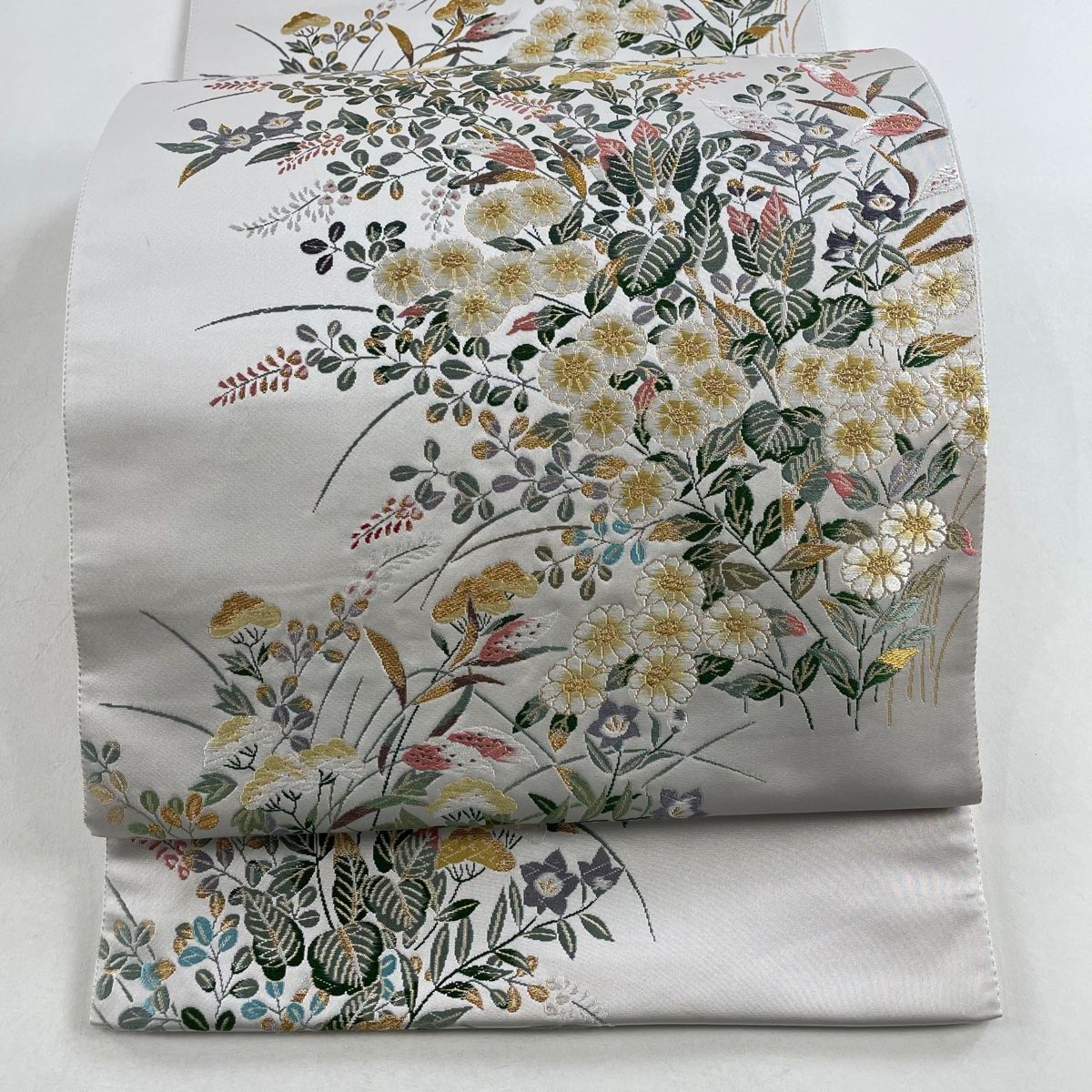 袋帯 名品 秋草 金糸 刺繍 灰色 六通 正絹