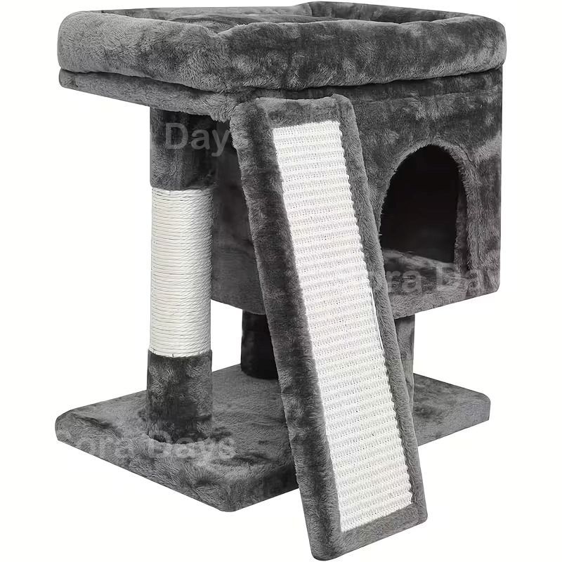 キャットタワー 猫タワー 大型猫用 据え置き ロータイプ もこもこ 可愛い おしゃれ インテリア 北欧 多頭飼い 隠れ家 爪とぎ おもちゃ 運動不足解消 安定 省スペース ライトグレー ダークグレー フェイクファー 45.01×35×45.72cm