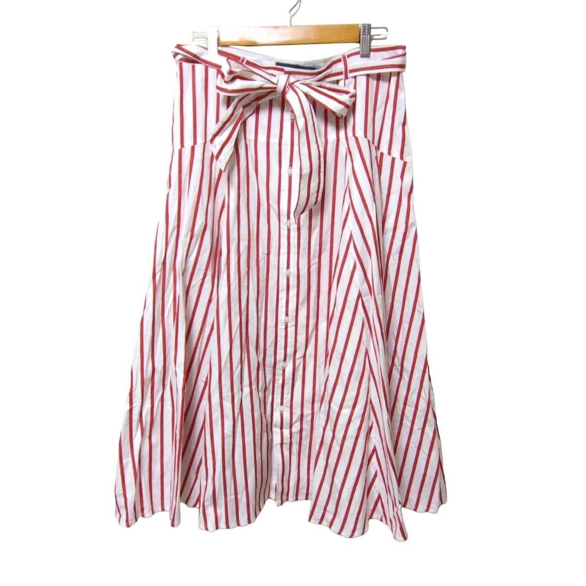 POLObyRalphLauren ポロラルフローレン 巻きスカート サイズ10 L レディース - 白×レッド マキシ丈 ストライプ