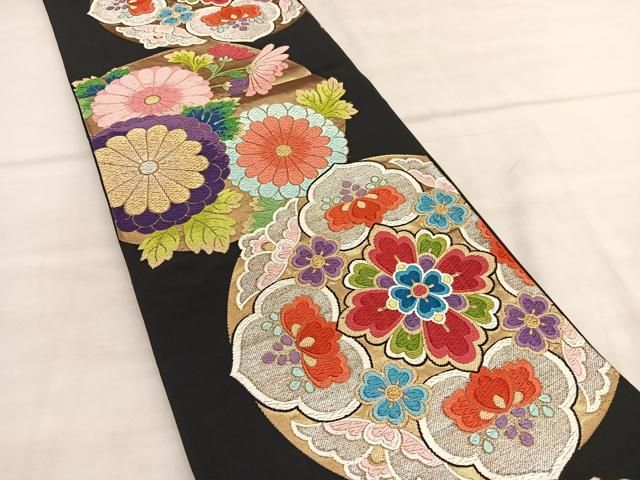 平和屋着物◎六通柄袋帯 唐織 花丸文 黒地 金銀糸 正絹 逸品