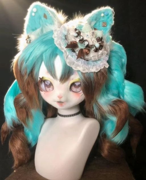 着ぐるみヘッド kigurumi NO.116 猫 青緑 ブラウン ファースーツ