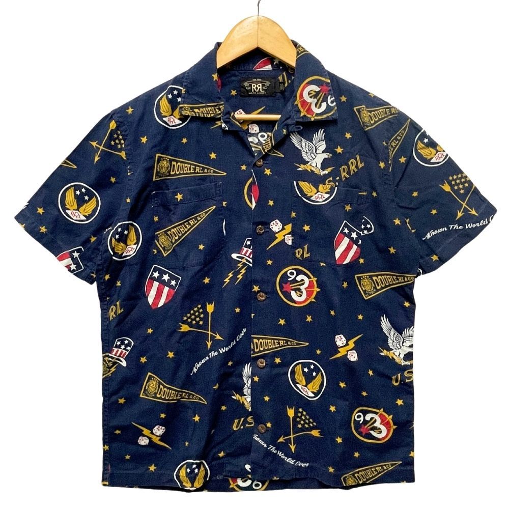 RRL ダブルアールエル Varsity Logo Vacation Shirt 総柄 リネン レーヨン 半袖シャツ ネイビー サイズ S | 40157