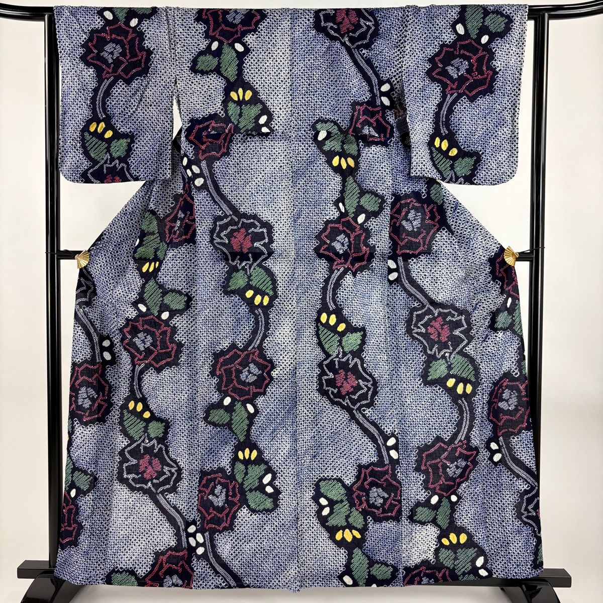 浴衣 身丈161cm 裄丈63.5cm S 絞り浴衣 草花 濃紺 綿 名品