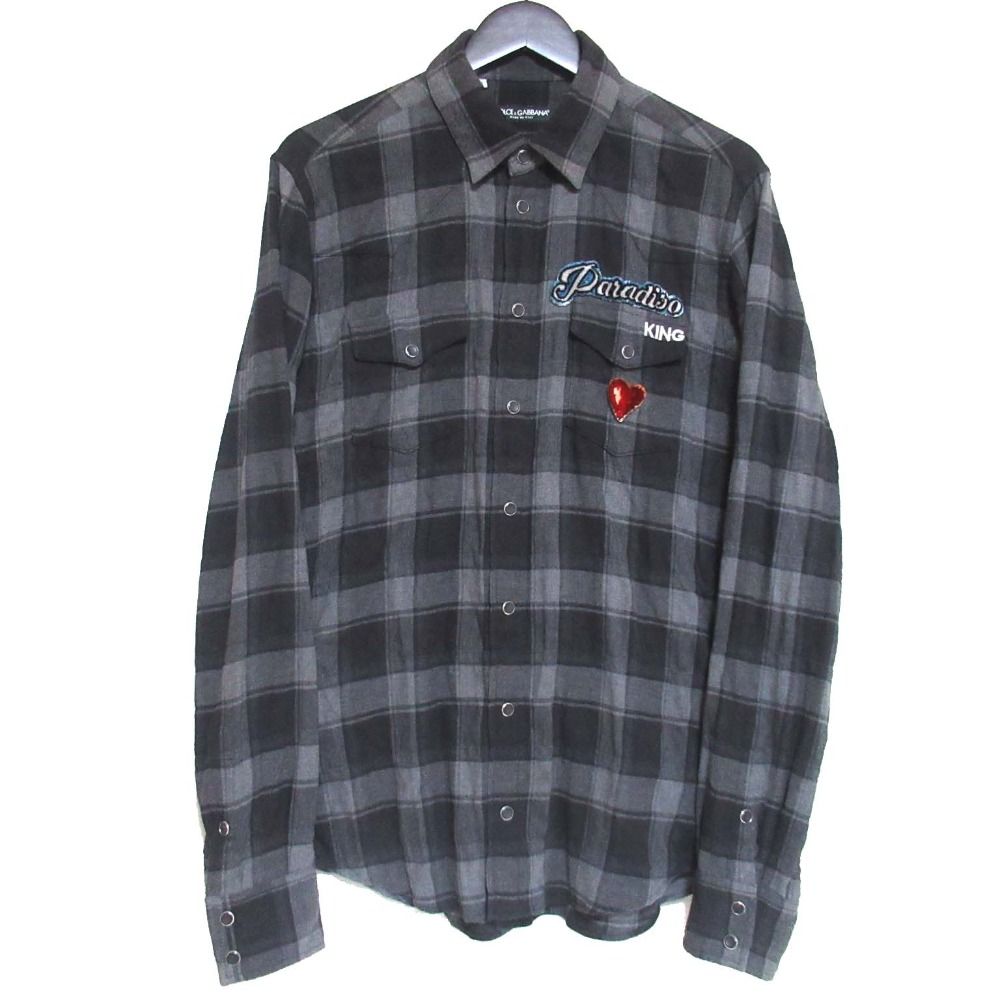 DOLCE-GABBANA ドルチェ-ガッバーナ KING 長袖 ベロアワッペン ネルシャツ 16|41サイズ グレー ブラック メンズ 古着