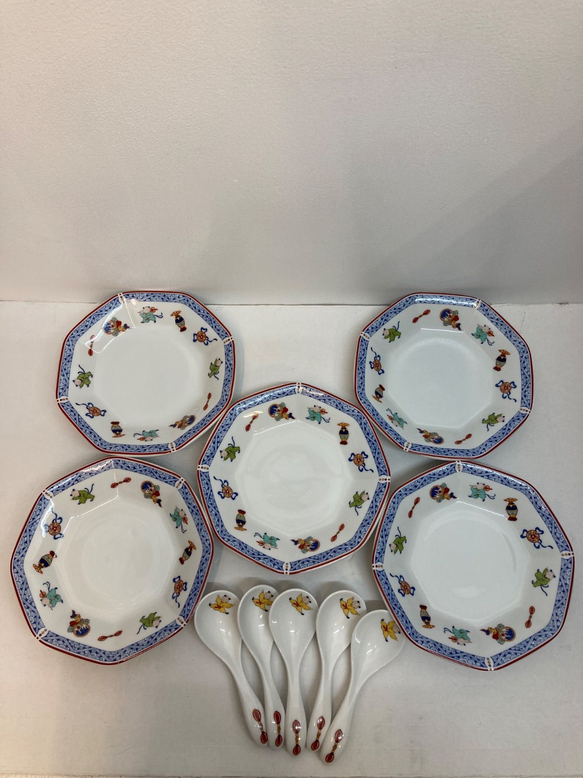 美品】ナルミ 中華皿 11点セット 八角皿 レンゲ 大皿 蓮 花