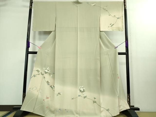 平和屋着物■極上　訪問着　友禅　作家物　枝花文　柳鼠色地　暈し染め　逸品　DZAB0165kh5 平和屋着物□極上 訪問着 友禅 作家物 枝花文 柳鼠色