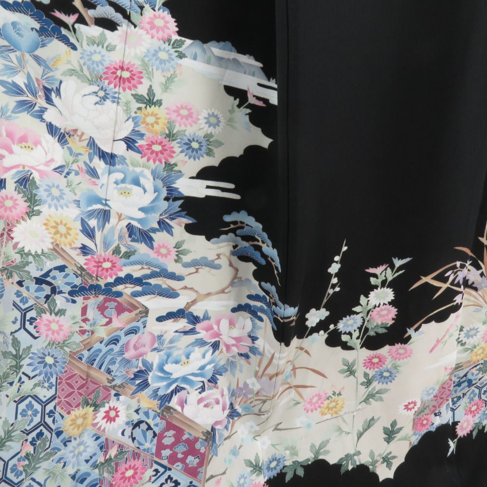 本加賀友禅 黒留袖 寺西一紘 作家物 花柄 正絹 袷 広衿 比翼付 落款入