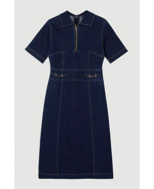カレンミレン レディース ワンピース トップス Women s Trim Collared Denim Midi Dress Mid wash