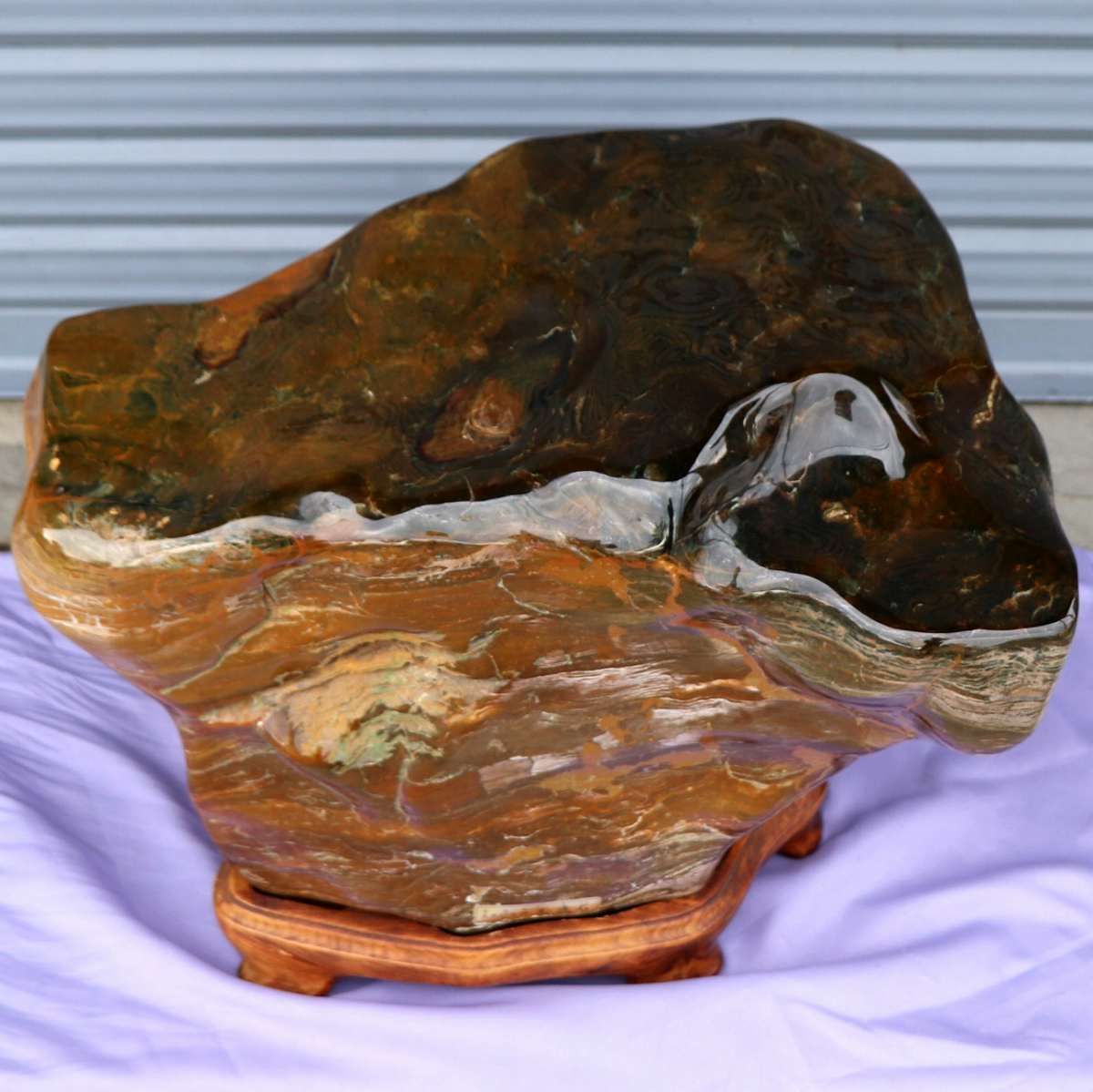 青森県天然記念物・玉鹿石・津軽錦石・台座付・No.200708-376・送料