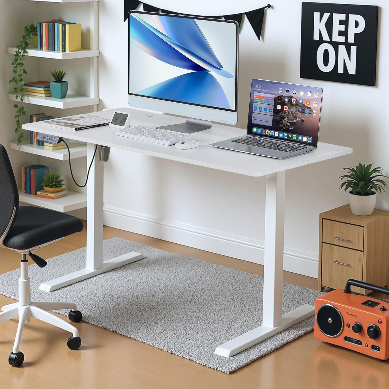幅120×奥行60×高さ70.5-113cm オフィスワークテーブル 高さメモリー機能 スタンディングデスク テレワーク オフィスデスク 電動 在宅ワーク 昇降式デスク シンプル VECELO ホワイト