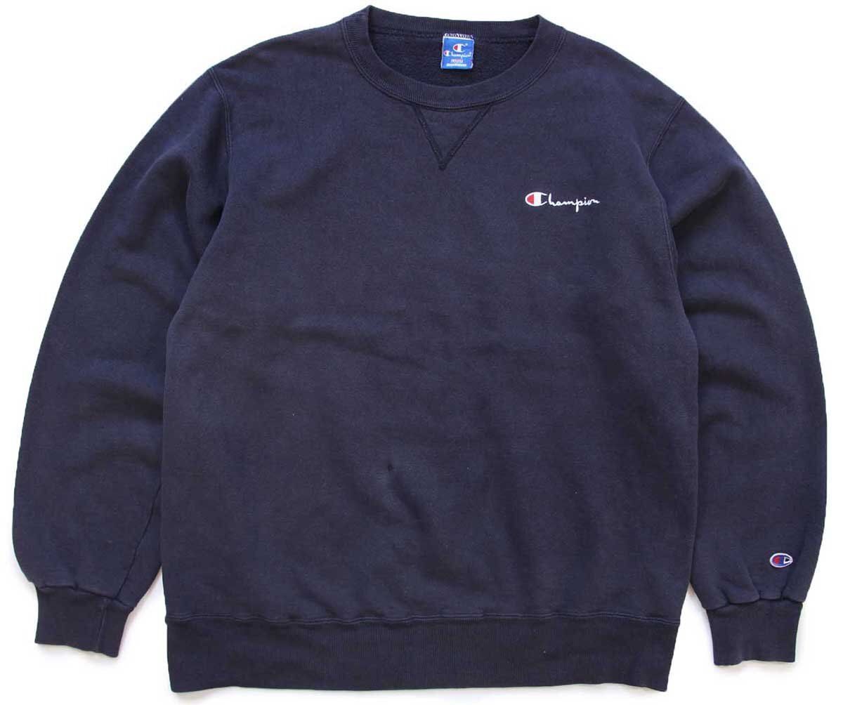 90s USA製 Championチャンピオン ワンポイント スクリプト ロゴ刺繍 前V スウェット 濃紺 Lオールド ビンテージ 刺繍タグ ガゼット