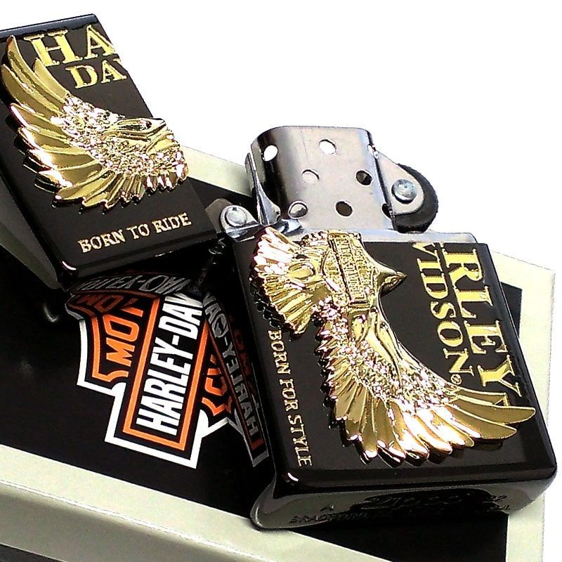 ZIPPO ハーレー ダビッドソン 黒金 イーグル 鷹 ゴールドメタル 彫刻