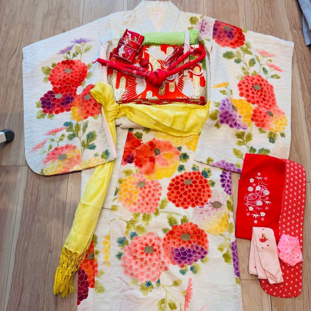 124 正絹？ 青 アンティーク着物 7歳 七五三着物セット 和装小物 袋帯