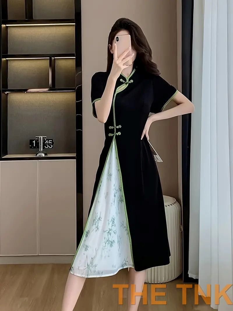 LEJA透け感チャイナトップス付きロング丈キャミソールセットアップ