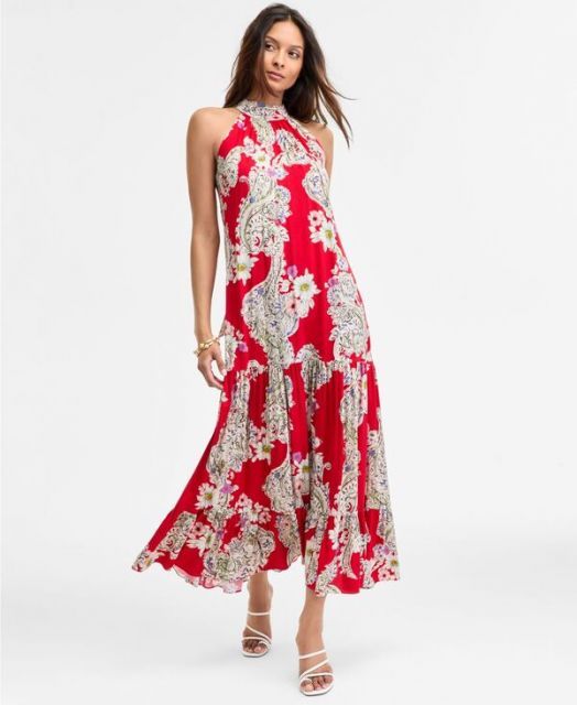 【送料無料】 ミスク レディース ワンピース トップス Women's Paisley Floral-Print Tiered Maxi Dress Red Multi