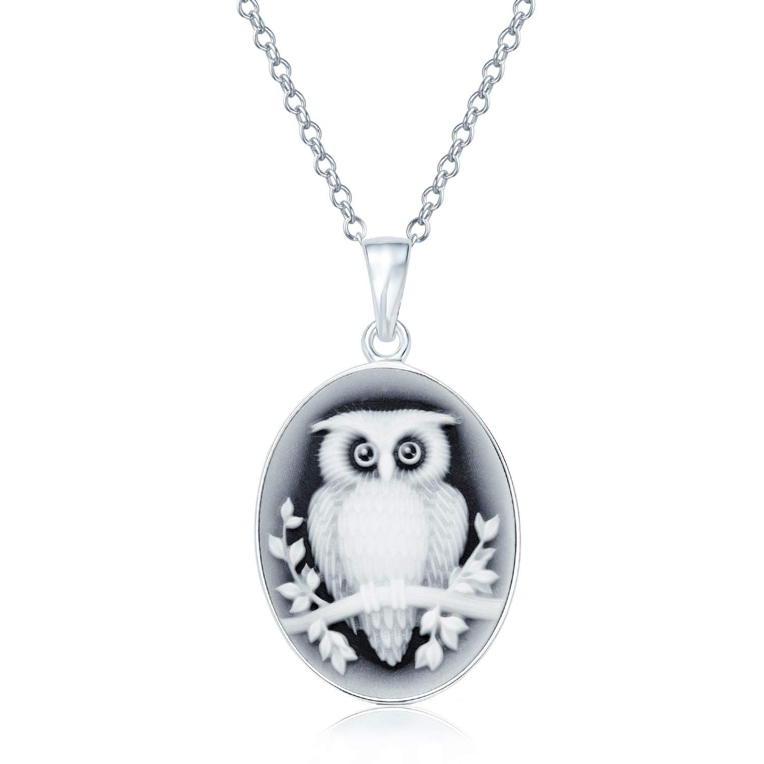 【在庫処分】[Bling Jewelry] 女性.925スターリングシルバーのためにティーン用のシミュレートされたブラックオニキス刻まれた楕円形の枝の小さなフクロウカメオペンダントネックレス