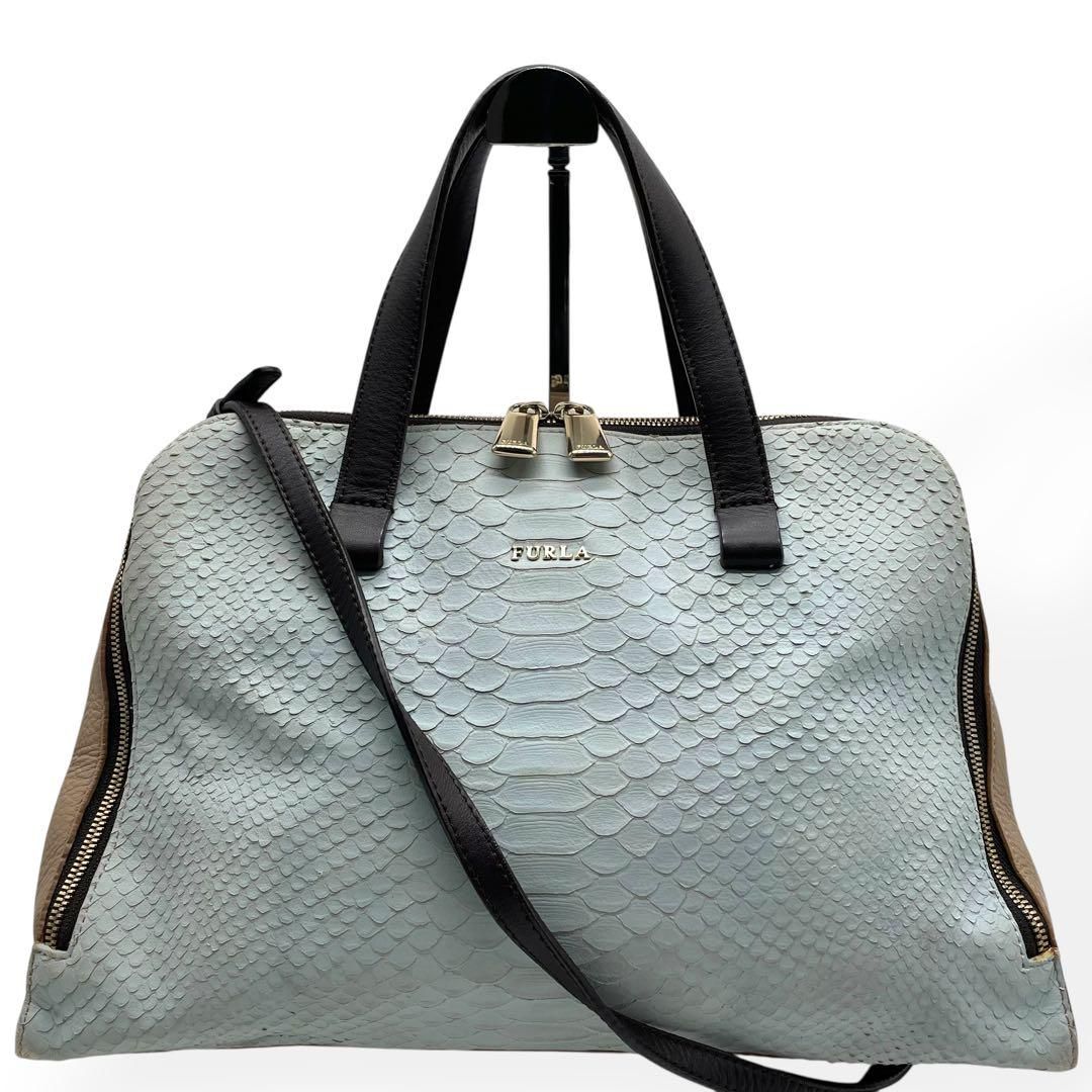 美品 FURLA 2way ハンドバッグ パイソン ブルー ベージュ 斜