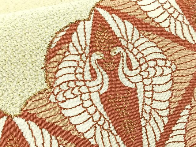 a666 正絹 明綴れ 刺繍 鶴 お太鼓柄袋帯 金糸 着物 a666 正絹 明綴れ 刺繍
