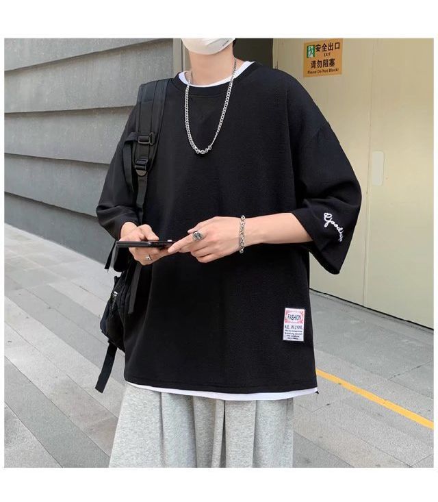 Tシャツ  メンズ 無地 袖刺繍 ルーズ ビッグシルエット 五分袖 トップス カジュアル ゆったり 半袖Tシャツ  無地 薄手 レイヤード 夏 夏服 ファッション fuhai30 thumbnail 9