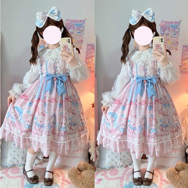 ロリータ ワンピース ジャンパースカート かわいい 膝丈 甘ロリ ゴスロリ ワンピース お姫様 フリル ロリータ服 Lolita レース リボン 裾フリル レディース コス