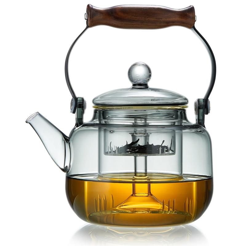 ポカロティー 耐熱ガラスティーポット 透明やかん 900ml 上手型 丈夫な持ち手 茶葉の蒸らし 煮出し対応 着脱式ガラス茶こし2種類付き 墨色ガラス茶壷 直火対応 レークリアガラスポット 紅