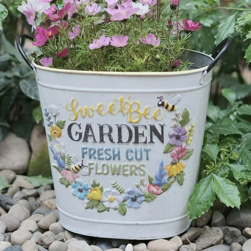 フラワーポット プランター ヴィンテージ調 ホワイト GARDEN カラフル シャビーシック シャビー加工 ガーデニング 雑貨 ガーデン雑貨 ガーデンインテリア ガーデン インテリア 庭の装飾 お洒落 おしゃれ 4-7
