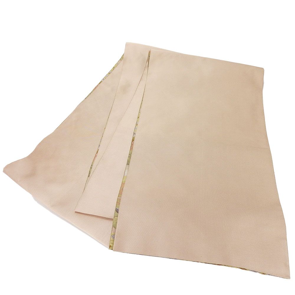 中古】袋帯 風景柄 寺院 春 桜 グリーン 薄ピンク パステルカラー  