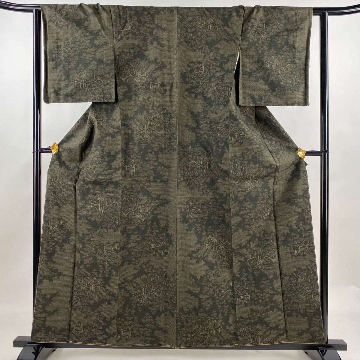 結城紬 身丈160cm 裄丈63cm S 袷 おく玉 証紙 家屋 樹木 焦茶色 正絹 名品