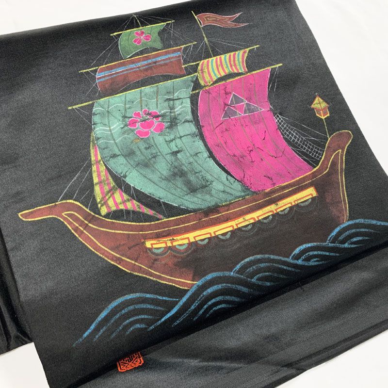 507an104◇アンティーク名古屋帯 帆船 海 大正ロマン 昭和レトロ 和洋