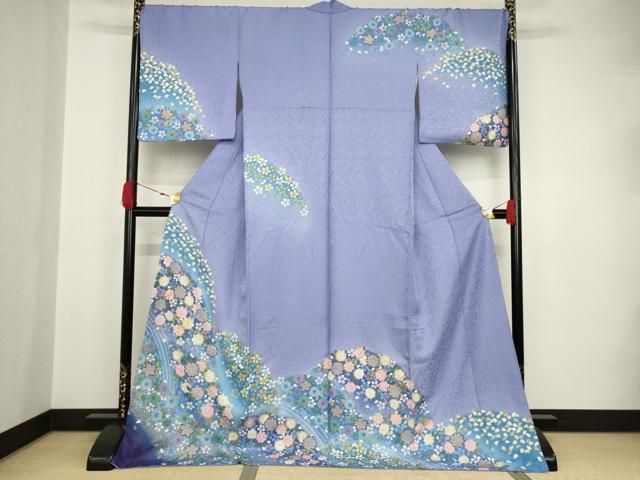 や*ー様 E0404★ 着物淡雪 ★ 正絹　袷　付下げ　小花の刺繍　　粋な暈し地 正絹 友禅 華舞蝶文 鶉 刺繍 暈し染め 金彩 訪問着 5点セット 着物