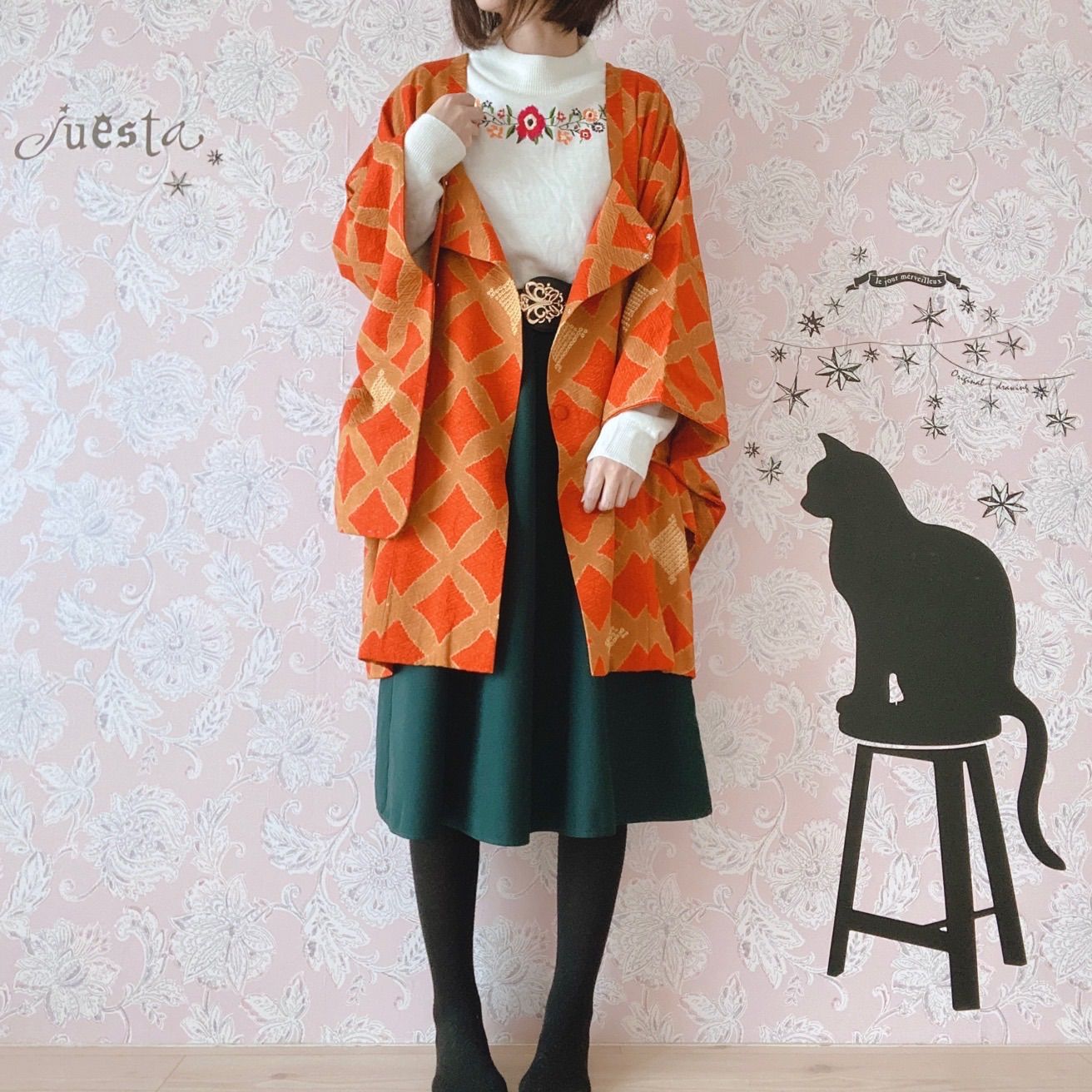 レトロ古着 和洋折衷コーデセット オレンジ×緑系 4点セット - メルカリ