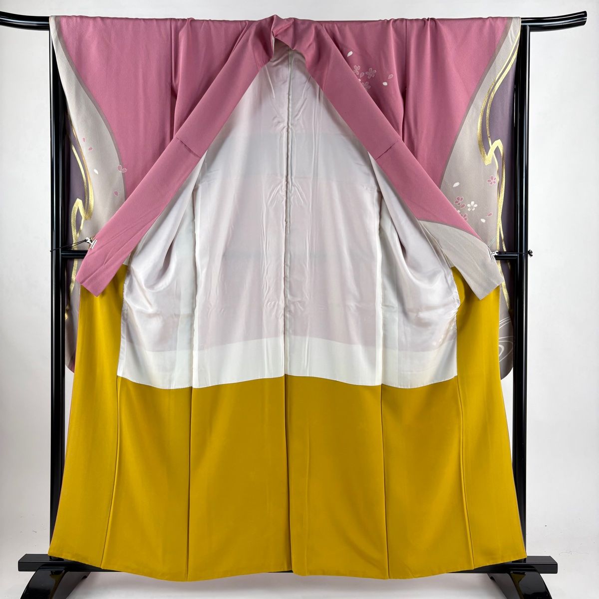 振袖 身丈158cm 裄丈68cm L 袷 桜 牡丹 箔 金銀彩 ピンク 正絹 名品  