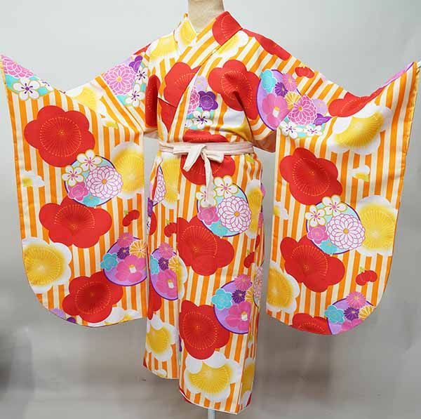二尺袖着物 単品 仕立て上がり bonheur saisons ボヌールセゾン 着物丈はショート丈 オレンジ×クリーム NO42128-03