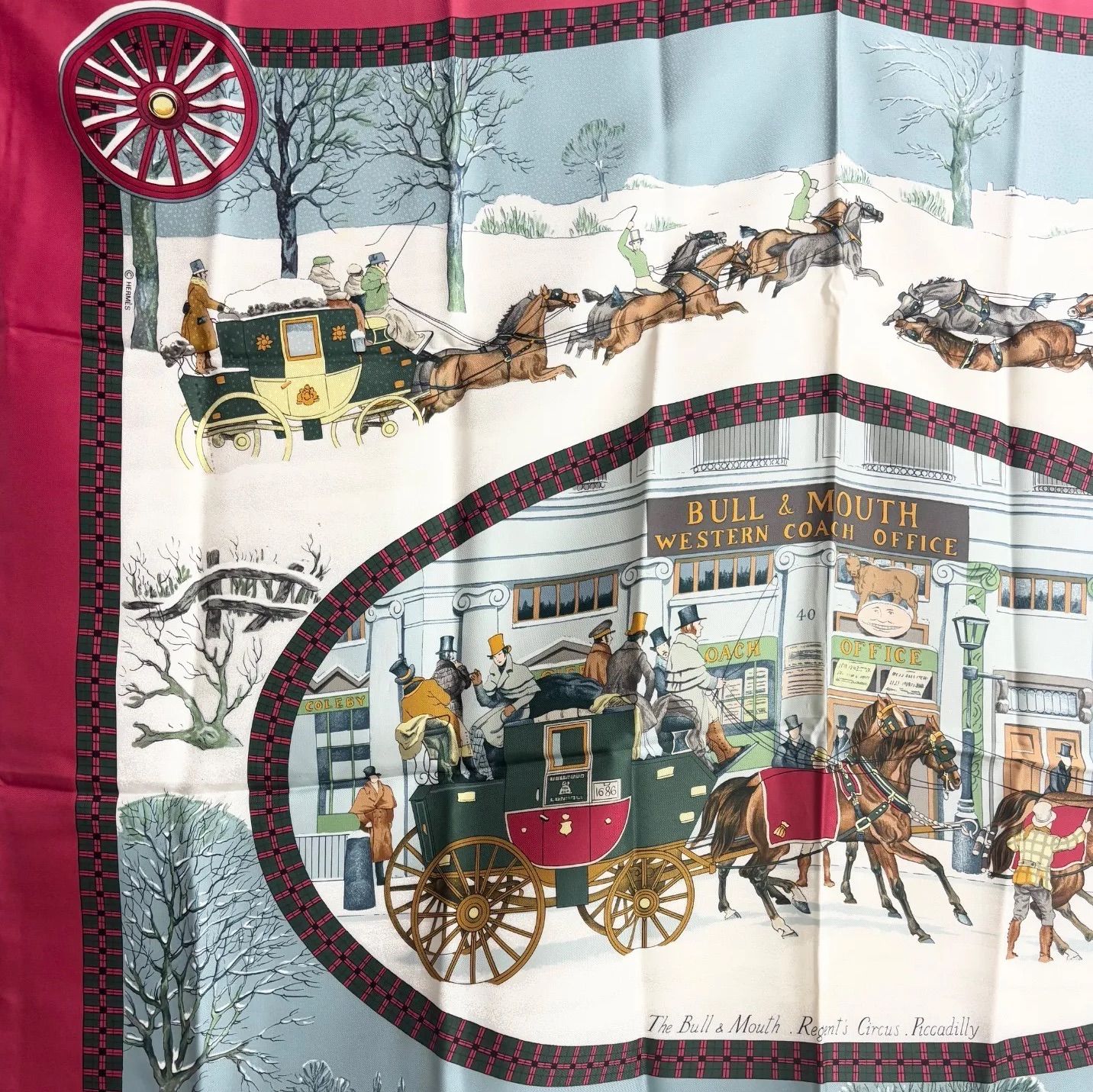 エルメス カレ 90 l'Hiver en Poste 冬の郵便馬車 スカーフ シルク レッド