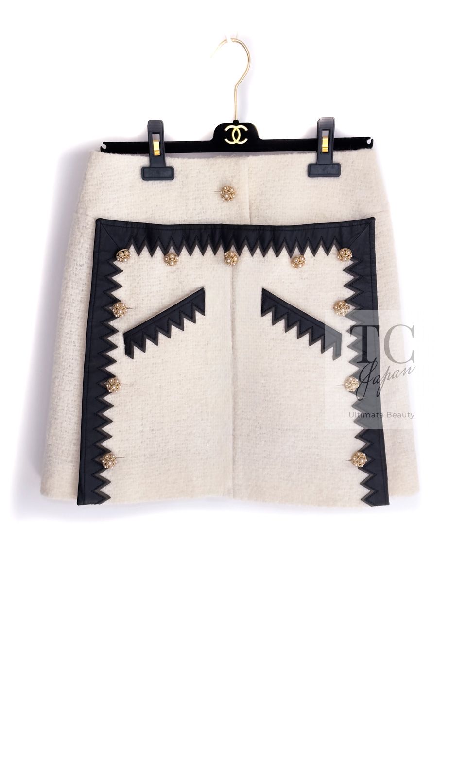 シャネル スカート CHANEL アイボリー ウール モヘア レザートリム  