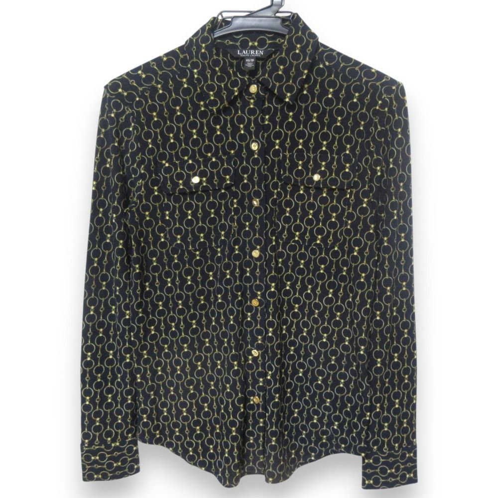 美品 LAUREN RALPH LAUREN ローレンラルフローレン チェーン柄 総柄 金釦 長袖 シャツ ブラウス XSサイズ ブラック×ゴールド レディース 古着 中古 USED 美品 LAUREN RALPH LAUREN ローレンラルフローレン チェーン柄
