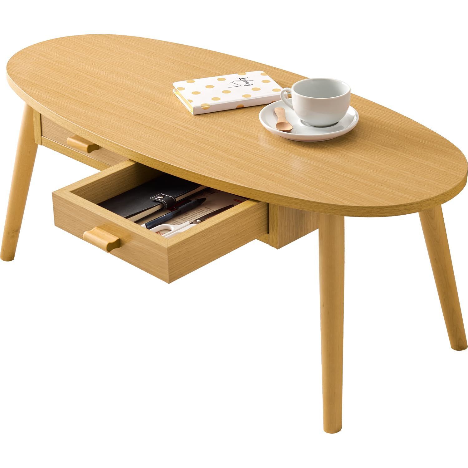 萩原 テーブル ローテーブル 収納付き センターテーブル 楕円形 【便利な 両面 引き出し】引き出し付き 幅 90 奥行 40 高さ 37 ナチュラル MT-6380NA