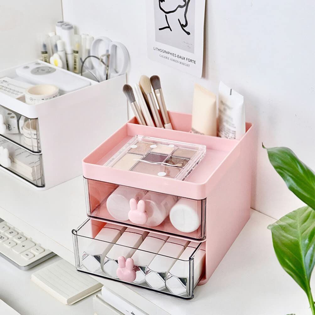 mimi様 オーダー品 収納ボックス小 アイボリー、 ペンスタンド2点 ピンク 大容量 簡単 かわいい 化粧品 低い 小物 二段 収納 引き出し