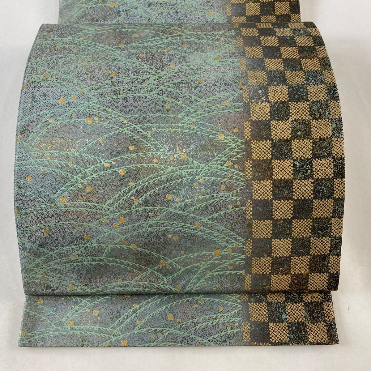 袋帯 露草 市松 金彩 青灰色 全通 正絹