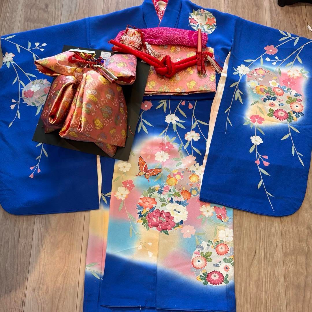 U 超美品　七五三　7歳　フルセット　女の子　子供　絹　着物　手書き友禅　本加工 専用 J 超美品 七五三 7歳 フルセット 女の子 絹 着物 青 手書き友禅