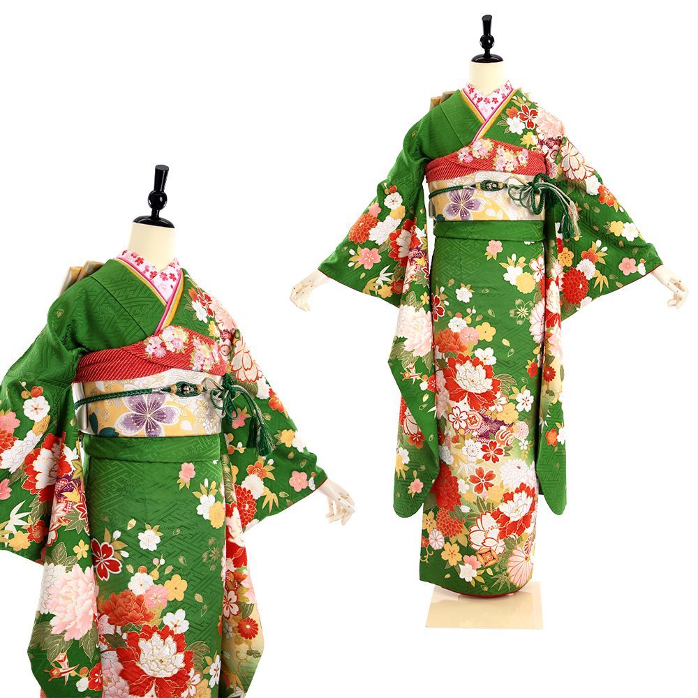 振袖 振袖フルセット 振袖セット USED振袖 中古 緑 古典柄 牡丹 桜 7点