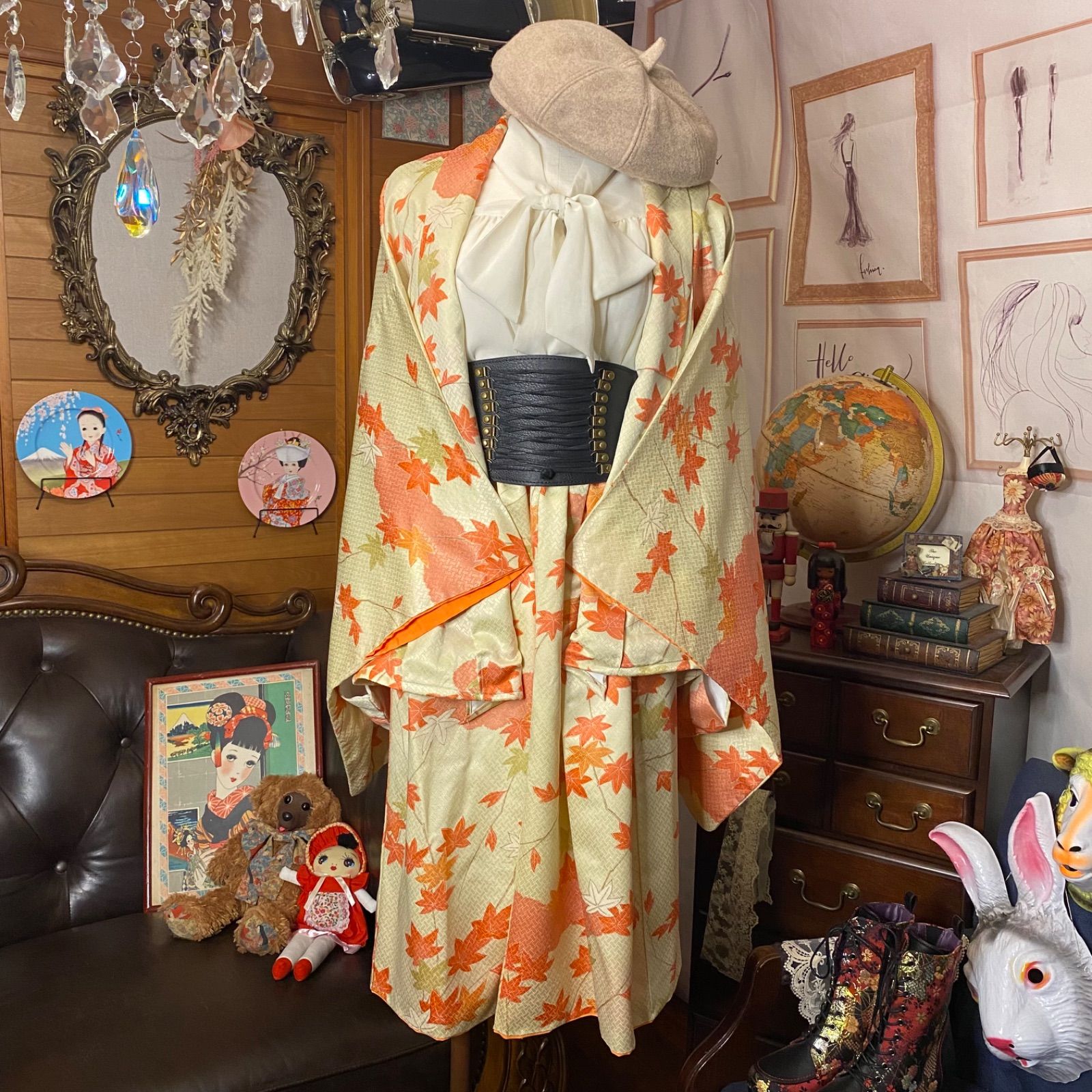 着物  レトロ羽織り　材料 リメイク 女性　ベージュ　二枚セット