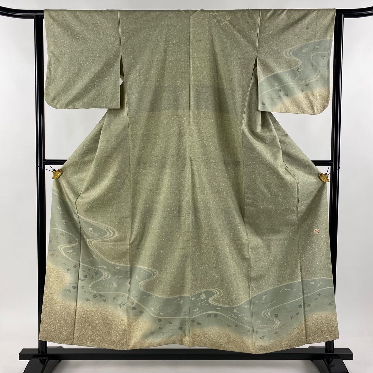 訪問着 身丈155.5cm 裄丈62cm S 袷 牛首紬地 落款 流水 草花 金彩 刺繍 灰茶 正絹