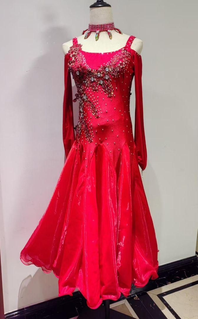 ☆美品 社交ダンスドレス スタンダードドレス レッド M ネックレス付