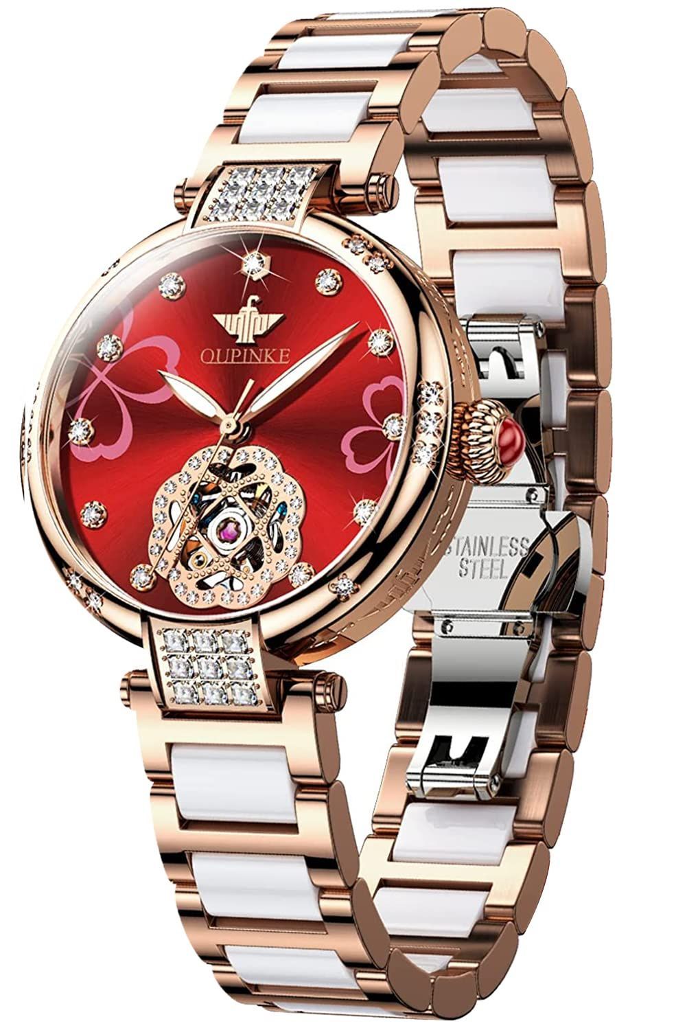 色: レッド】OUPINKE レデイース腕時計 自動巻き機械式 うで時計 高級 