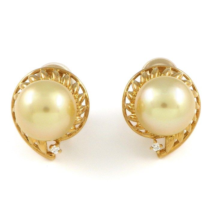 タサキ 田崎真珠 TASAKI クリップ イヤリング フラワー リーフ 白蝶 南洋真珠 ゴールド パール 11.1mm珠 ダイヤモンド 0.01ct/0.01ct K18YG 【中古】
