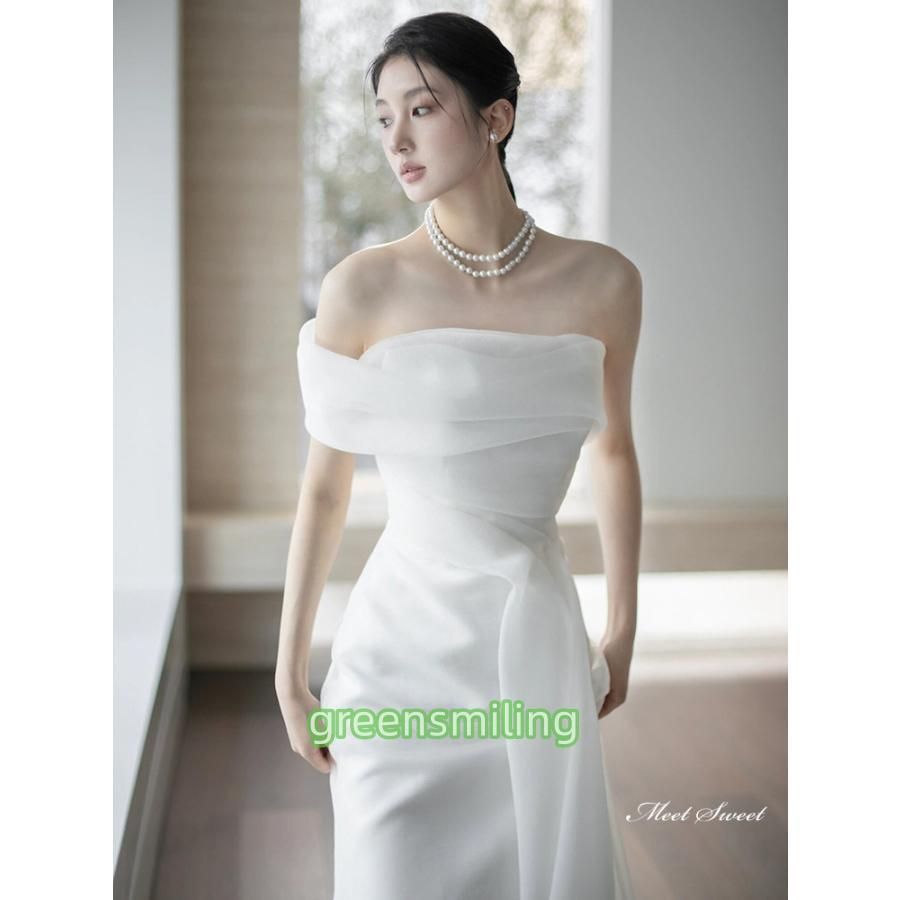 ウェディングドレス ロングドレス マーメイドライン オフショルダー 二次会 結婚式 前撮り 花嫁 ウエディングドレス サテン 挙式 韓国風 ブ