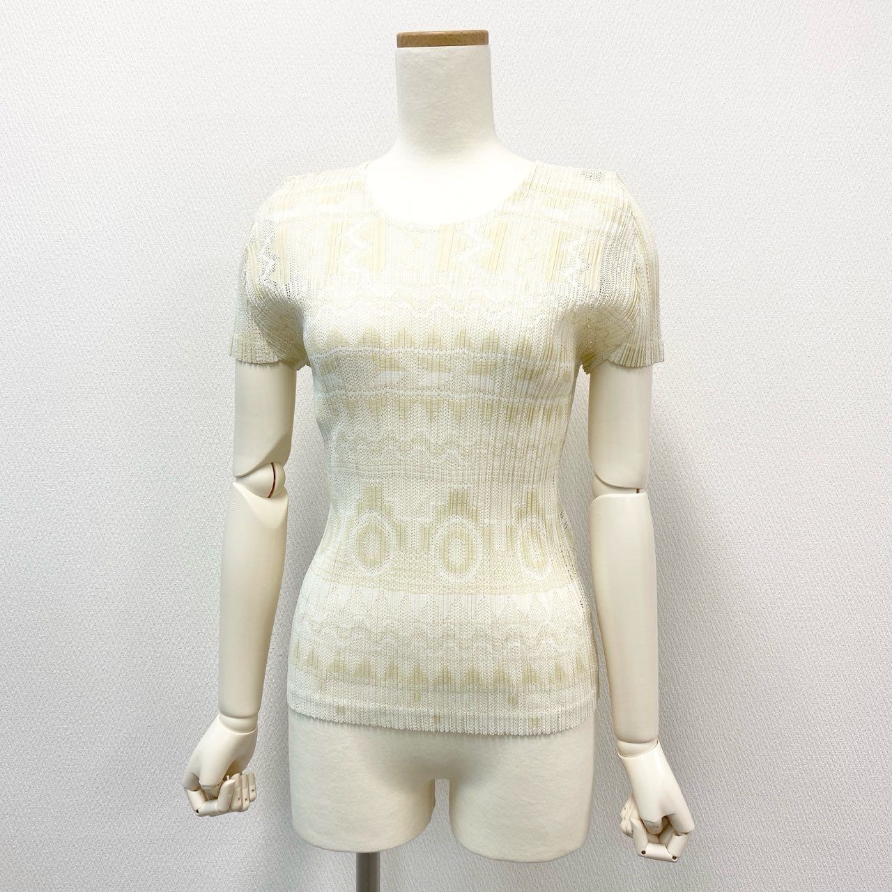 34i18 PLEATS PLEASE プリーツプリーズ 半袖カットソー Tシャツ トップス メッシュ 総柄 サイズ4 アイボリー ホワイト レディース 女性用u02t